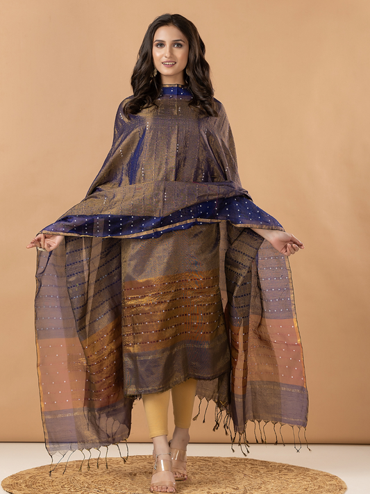 Handwoven Jamdani Muslin Unstitched 2-Piece Kurti | Bronze Brown