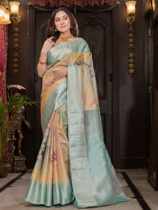 Varnitha - Earth-toned tan silk with sapphire blue zari edge