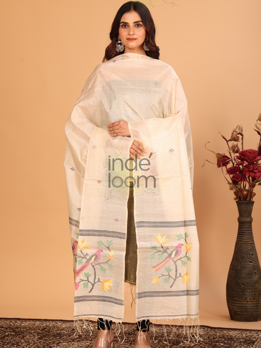 Pure Handloom Tussar Silk Jamdani Dupatta With Sand Brown - 031