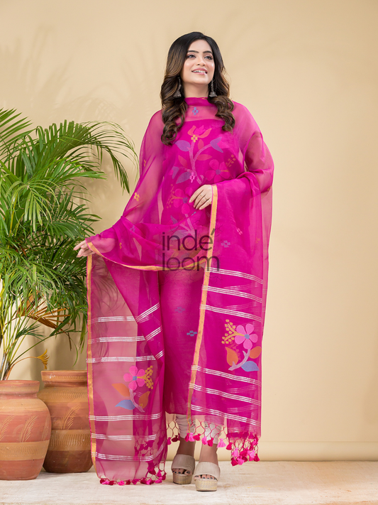 Festival Rose | Handloom Jamdani Muslin Unstitched 2-Piece Kurti | Classic Design