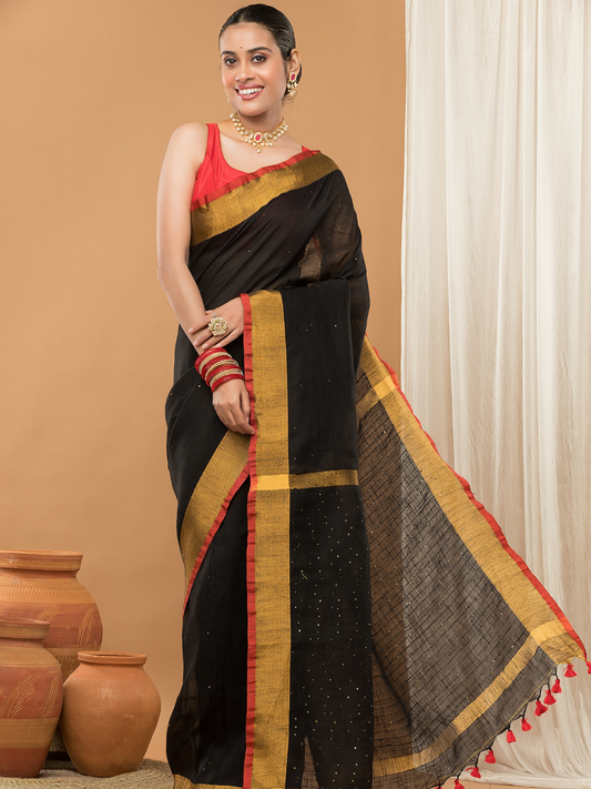 Linen Sequin Jamdani Saree With Super Black -004