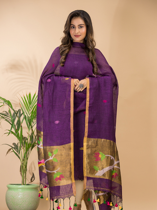 Handwoven Jamdani Linen Unstitched 2-piece Kurti | Indigo Purple