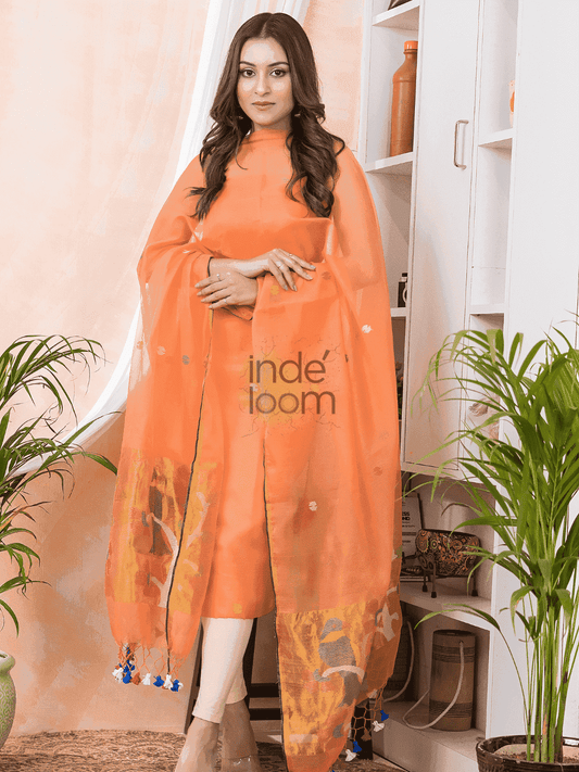 Melon Orange Paithani Muslin Jamdani 2-Piece Set Kurti & Dupatta (UNSTITCHED) -465 - indeloom