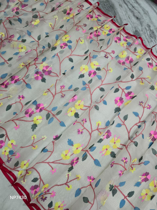Pure Tantuj Muslin Jamdani Needle Work Handwoven Saree In Snow White - 157