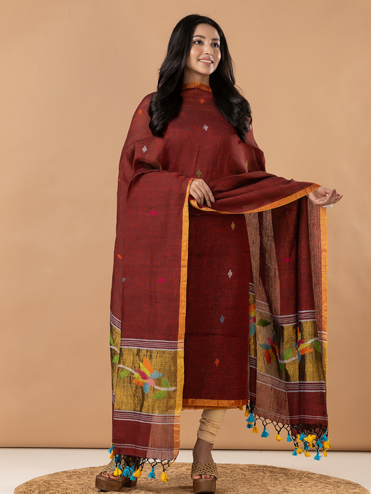 Handwoven Jamdani Linen Unstitched 2-Piece Kurti | Brick Maroon