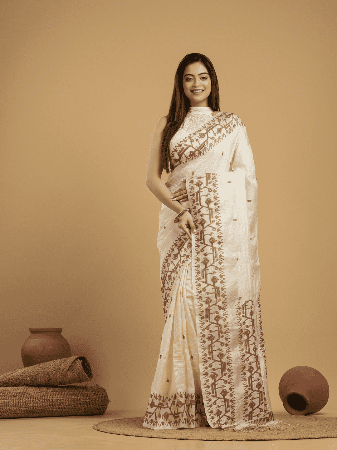 Linen White Tussar Silk Jamdani Saree - 044 - indeloom