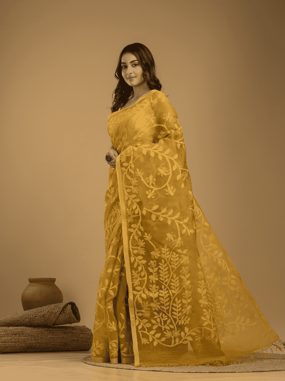 Jamdani Saree With Golden Yellow - 02 - indeloom