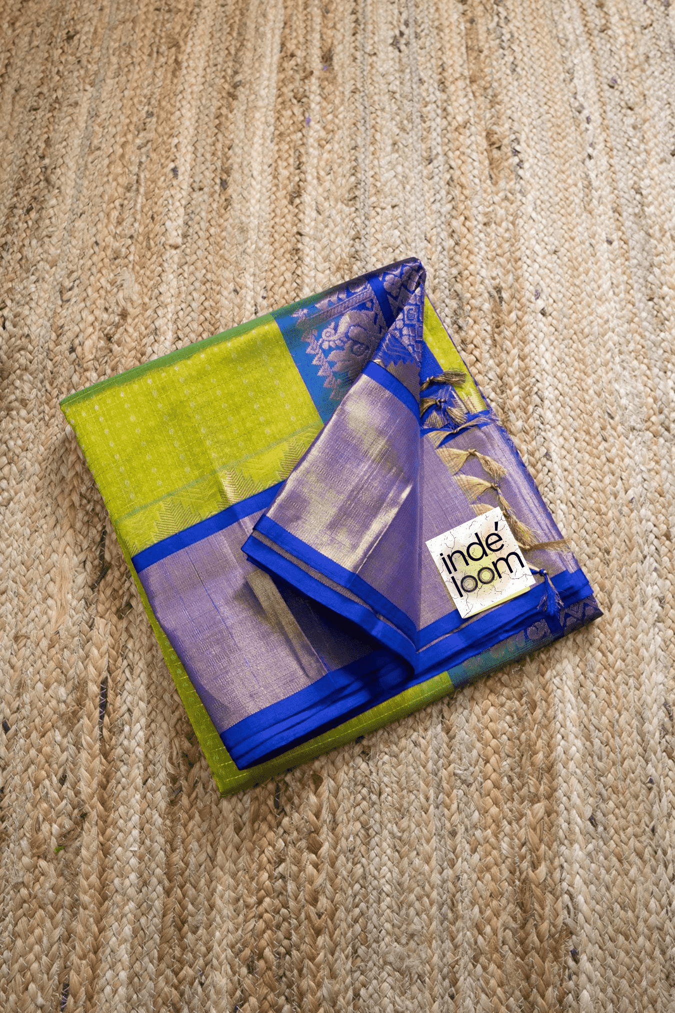 Korvai Saree in Leaf Green with Ink Blue Border - 069 - indeloom