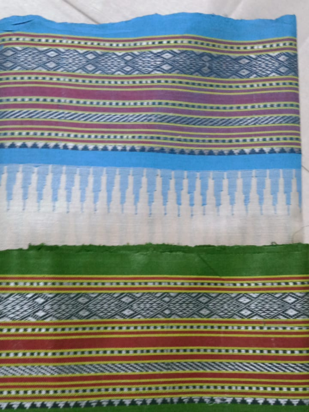 Ocen Blue & Greeen Handloom Vidarbha Tussar Silk Saree with Multicolor Contrast Border -076