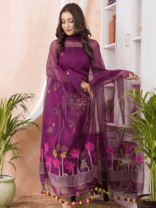 Grape Purple Jamdani 2-Piece Set Kurti & Dupatta (UNSTITCHED) -422 - indeloom