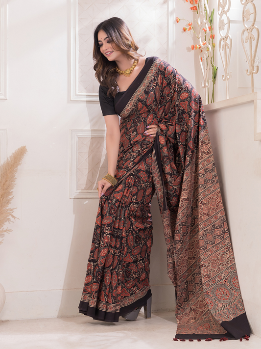 Ajrakh Exclusive Designer Modal Silk in Wine Red -052