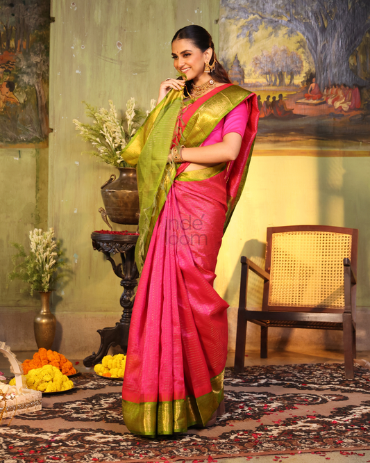 Pure Handloom Korvai Saree | Rani Pink and Leaf Green