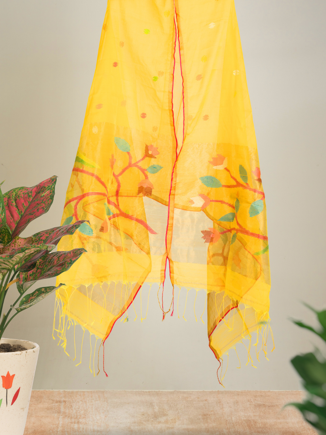 Handwoven Muslin Jamdani Dupatta | Marigold Yellow