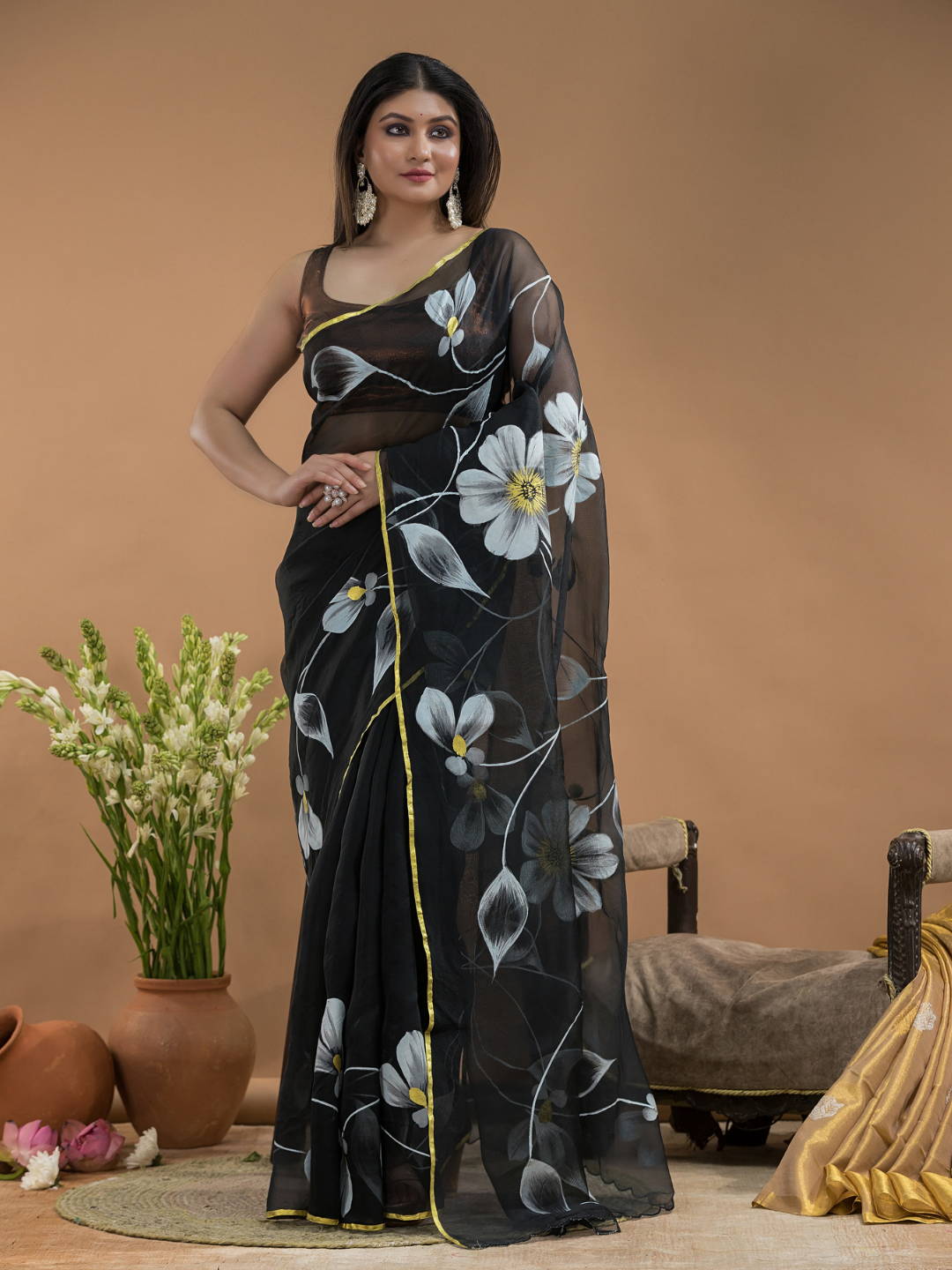 Black Shaded And Flowers Organza Hand-painted Saree -077