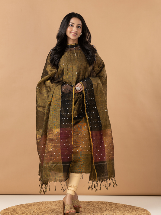 Handwoven Jamdani Muslin Unstitched 2-Piece Kurti | Olive Black