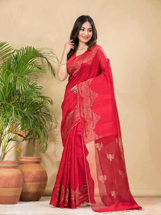 Matka Silk Jamdani Saree With Imperial Red - 026