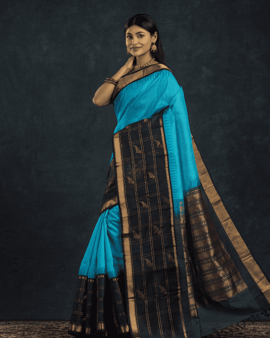 Pure Handloom Korvai Saree | Midnight Blue and Golden Parrots in Zari Checks
