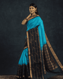 Pure handloom Korvai Silk Cotton Saree in Royal and Midnight Blue with Golden Parrots in Zari Checks - 005