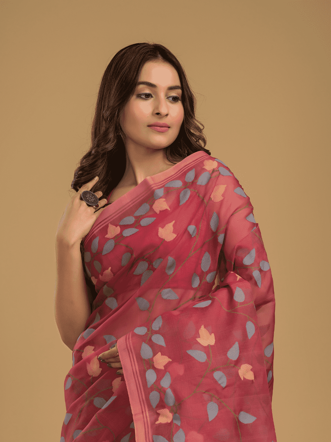 Muslin Jamdani Saree With Pastel Red - 020