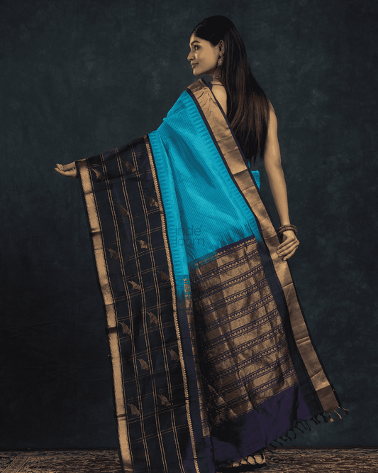 Pure Handloom Korvai Saree | Midnight Blue and Golden Parrots in Zari Checks