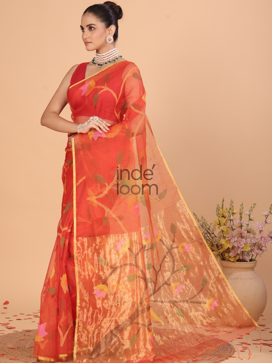 Muslin Tissue Jamdani Saree With Imperial Red - 127