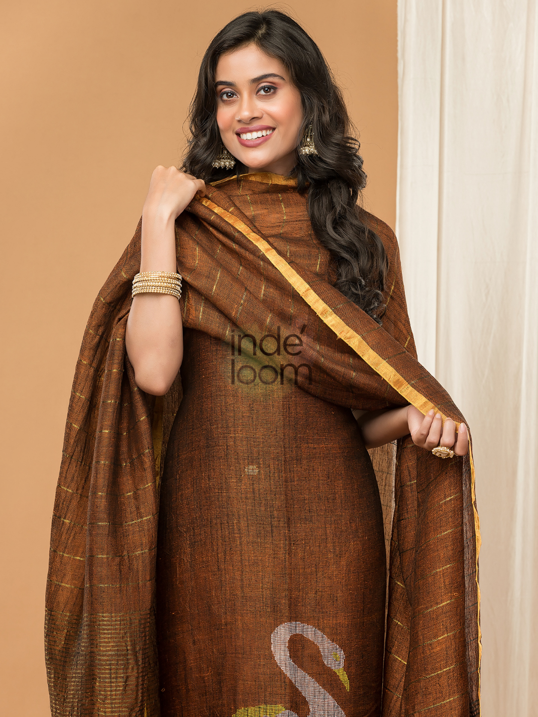 Coffee Brown | Handloom Jamdani Linen Unstitched 2-Piece Kurti