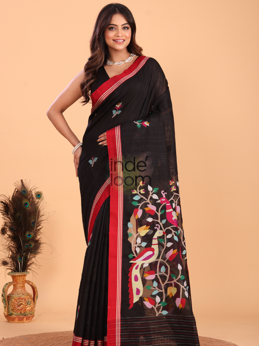 Matka Silk Jamdani Saree With True Black - 149