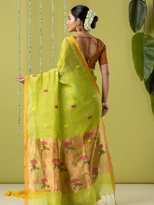 Handwoven Jamdani Silk Tissue Linen Saree | Lime Green