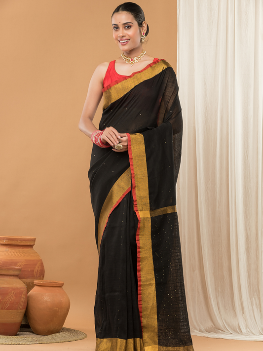 Linen Sequin Jamdani Saree With Super Black -004