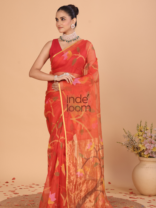 Muslin Tissue Jamdani Saree With Imperial Red - 127