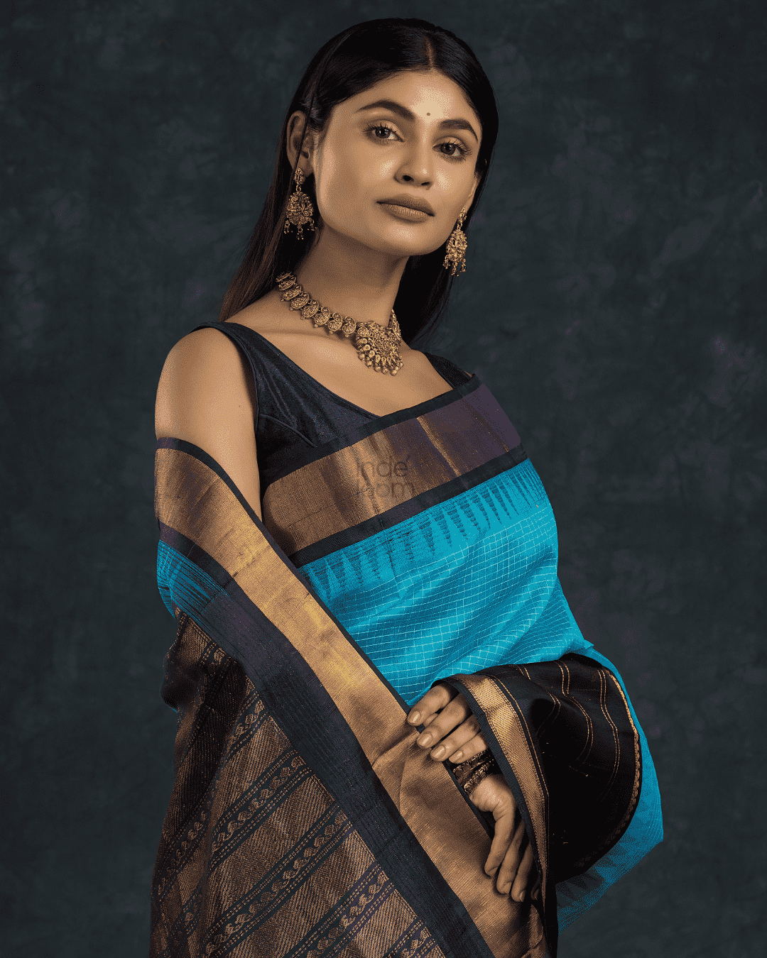 Pure handloom Korvai Silk Cotton Saree in Royal and Midnight Blue with Golden Parrots in Zari Checks - 005