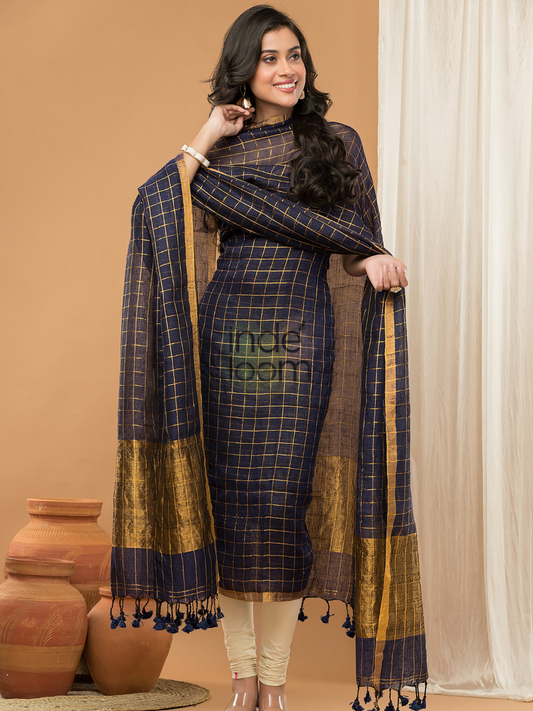 Handwoven Jamdani Linen Unstitched 2-piece Kurti | Navy Blue