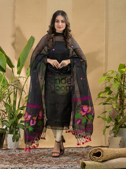 Deep Black | Handloom Jamdani Muslin Unstitched 2-Piece Kurti | Tantuj Design
