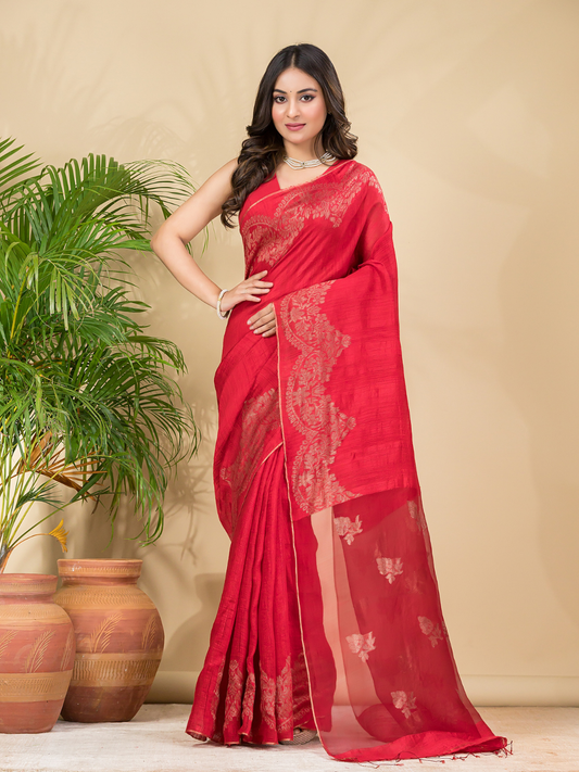 Matka Silk Jamdani Saree With Imperial Red - 026
