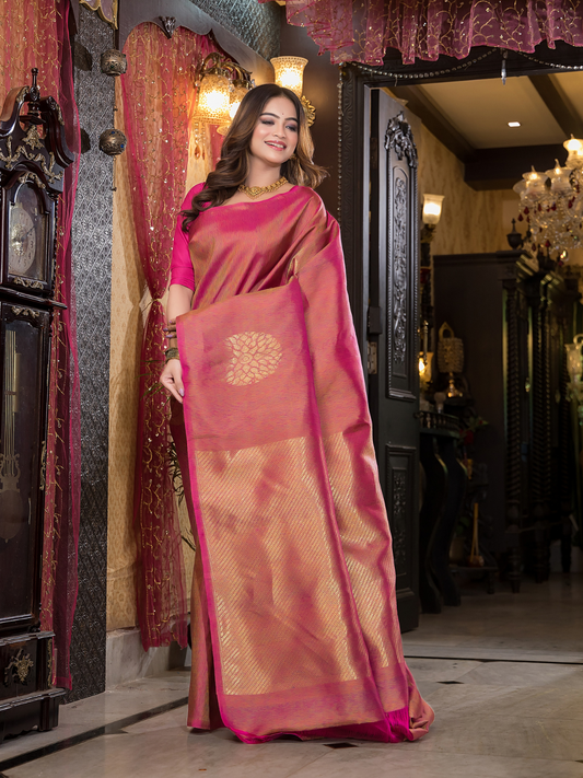 Pushpi  -  Rose pink silk with delicate mayura chakra motifs