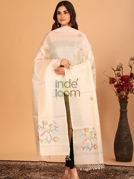 Pure Handloom Tussar Silk Jamdani Dupatta Pale Brown - 033
