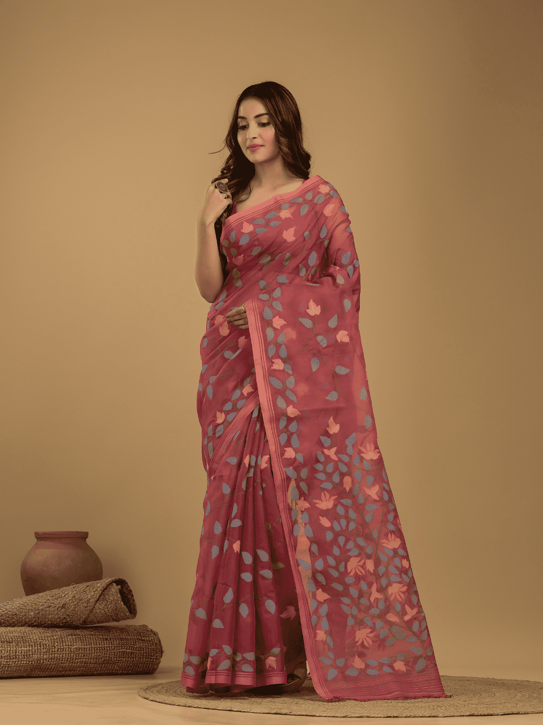 Muslin Jamdani Saree With Pastel Red - 020