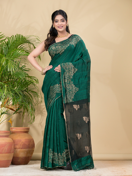 Matka Silk Jamdani Saree With Dark Green - 027