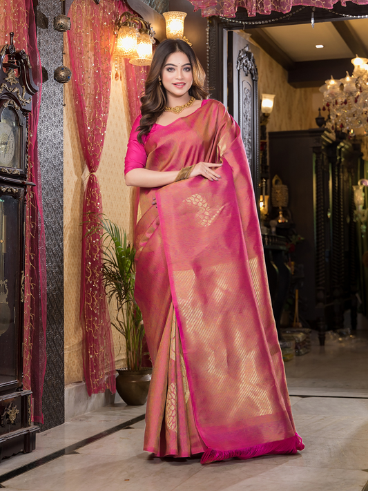 Pushpi  -  Rose pink silk with delicate mayura chakra motifs