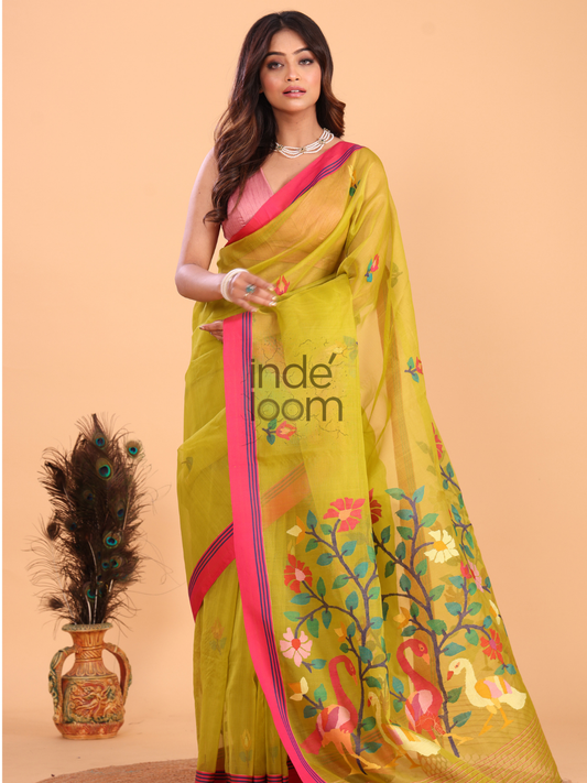 Silk Jamdani Saree With Neon Yellow - 150