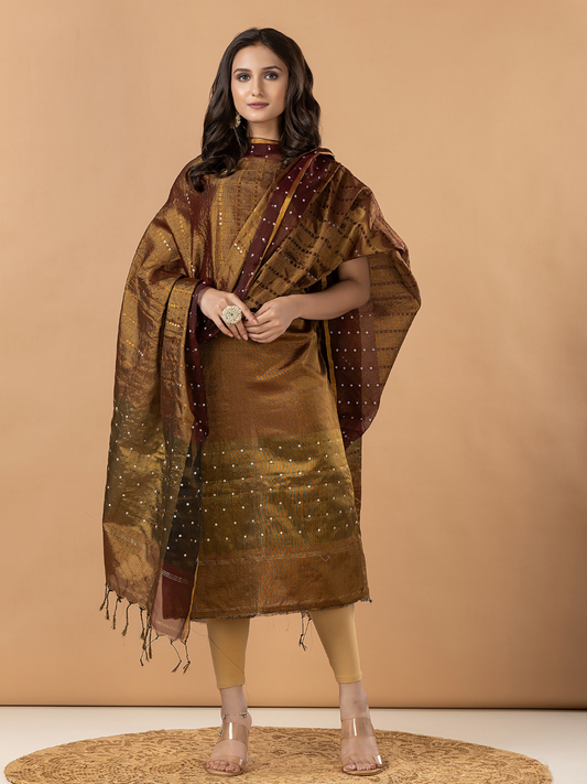Handwoven Jamdani Muslin Unstitched 2-Piece Kurti | Copper Brown