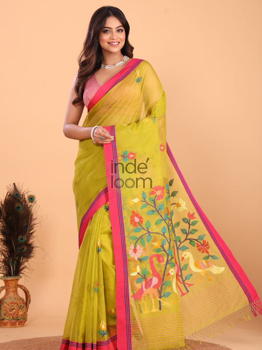 Silk Jamdani Saree With Neon Yellow - 150