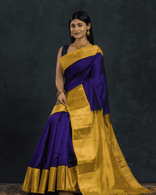 Pure Handloom Korvai Saree | Navy Blue and Golden Yellow