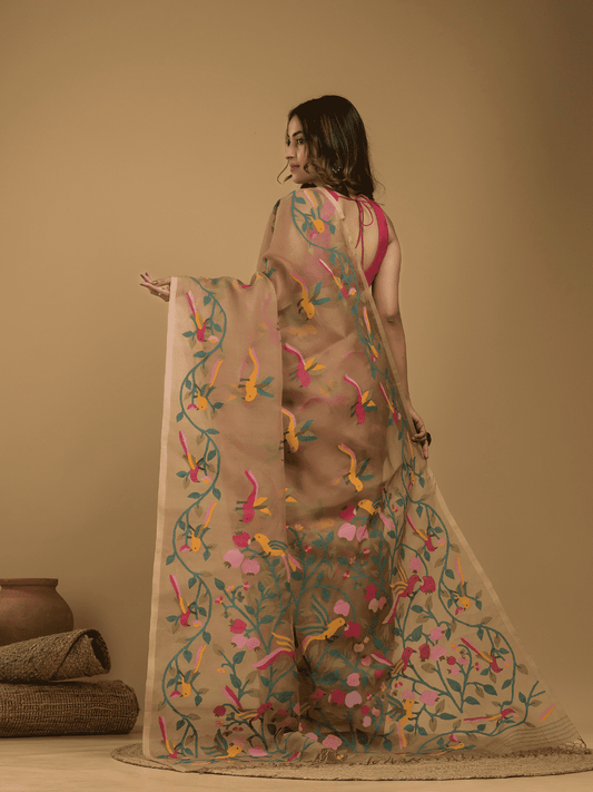 Hand Made Muslin Jamdani Saree With Sand Brown - 021