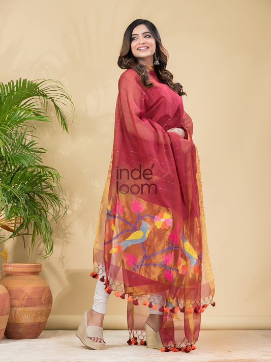Handwoven Jamdani Muslin Unstitched 2-piece Kurti | Brick Red