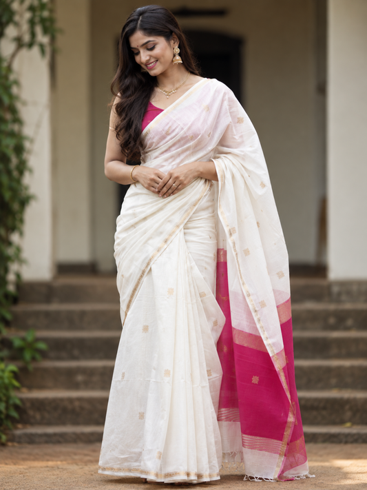 Maheshwari Silk Cotton Saree – Festive Elegance | White