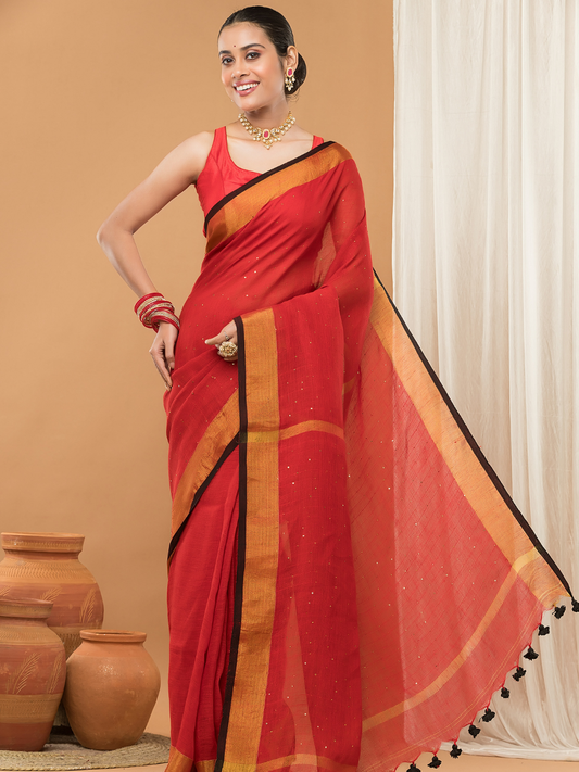 Linen Sequin Jamdani Saree With Apple Red-003