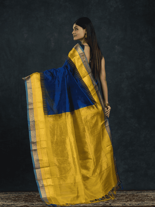 Pure Handloom Korvai Saree | Regal Blue and bright Yellow