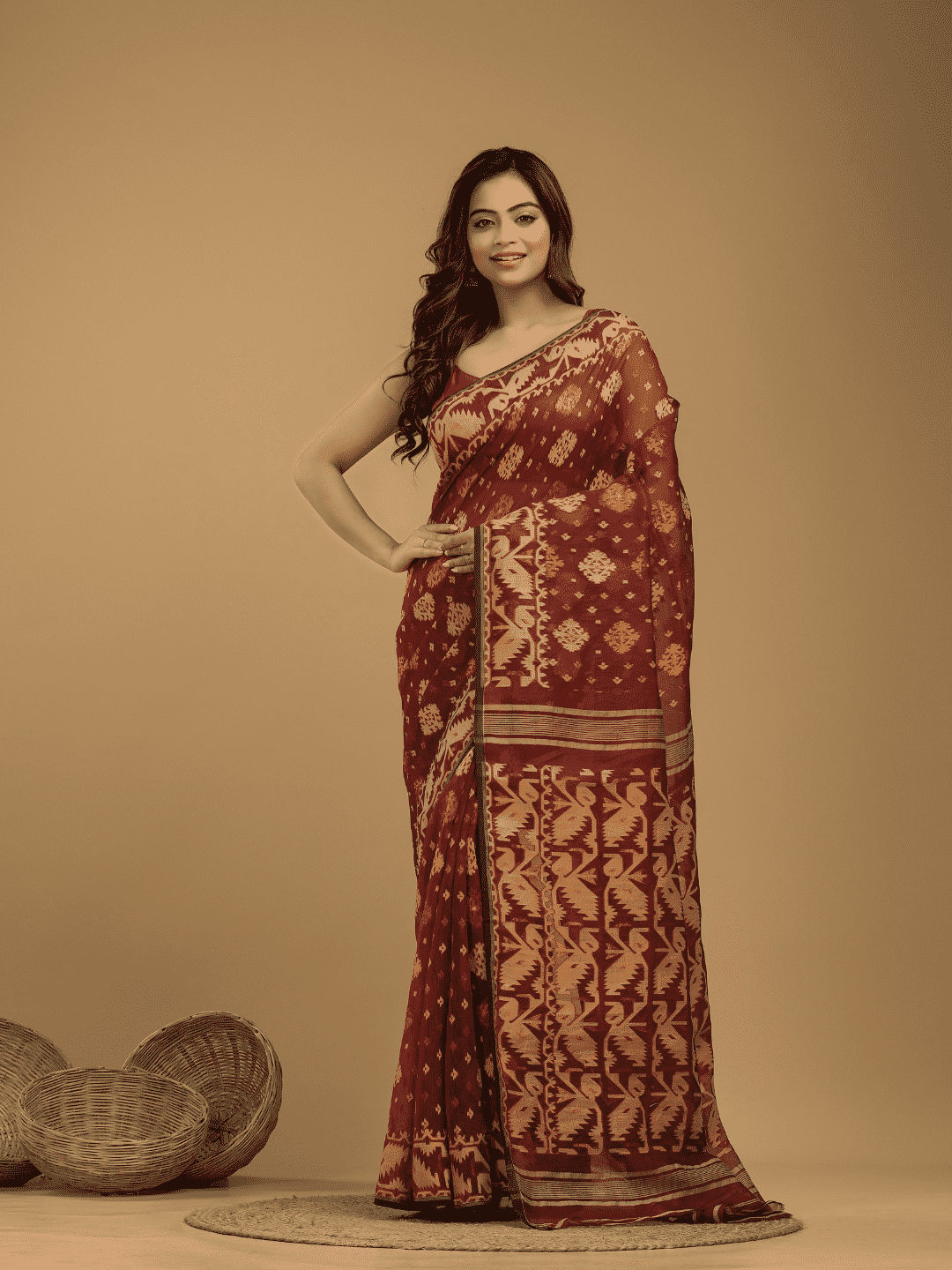 Umber Brown Cotton Silk Jamdani Saree - 022