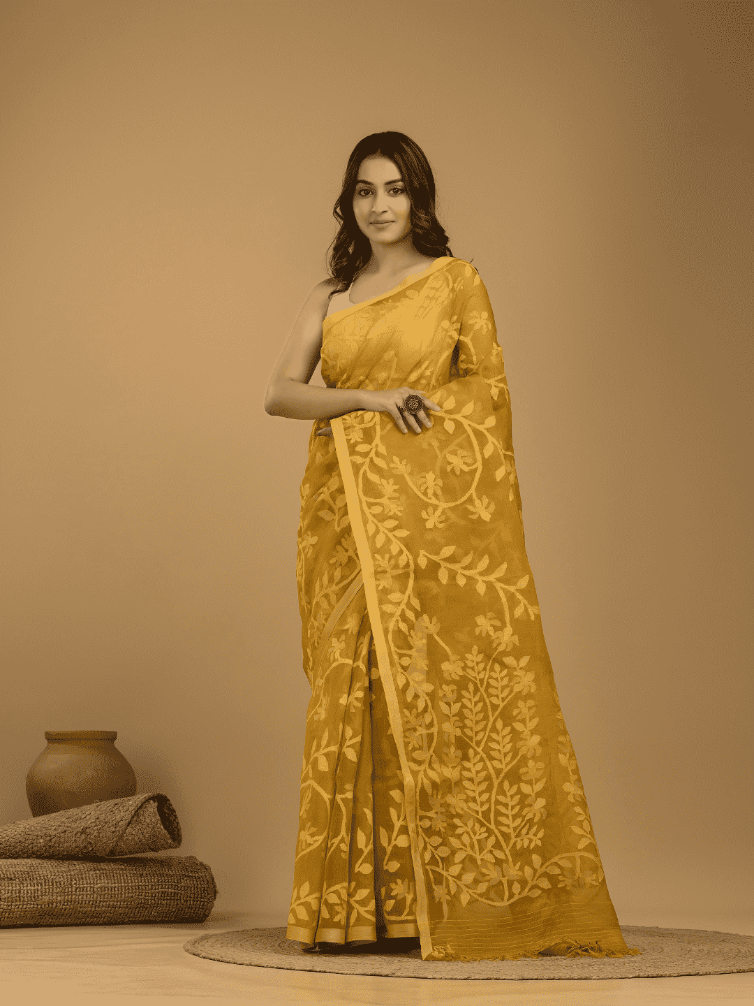 Jamdani Saree With Golden Yellow - 02 - indeloom